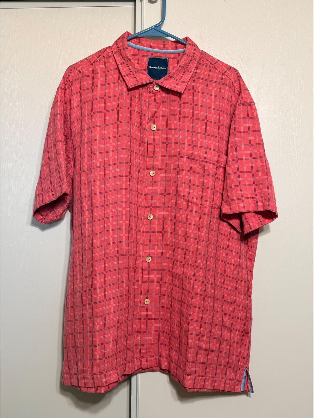Tommy Bahama Men's Coral Red Plaid Silk Blend Short Sleeve Shirt